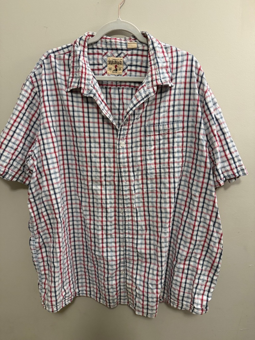 Short-Sleeve Plaid Button-Up Shirt - White/Red/Blue